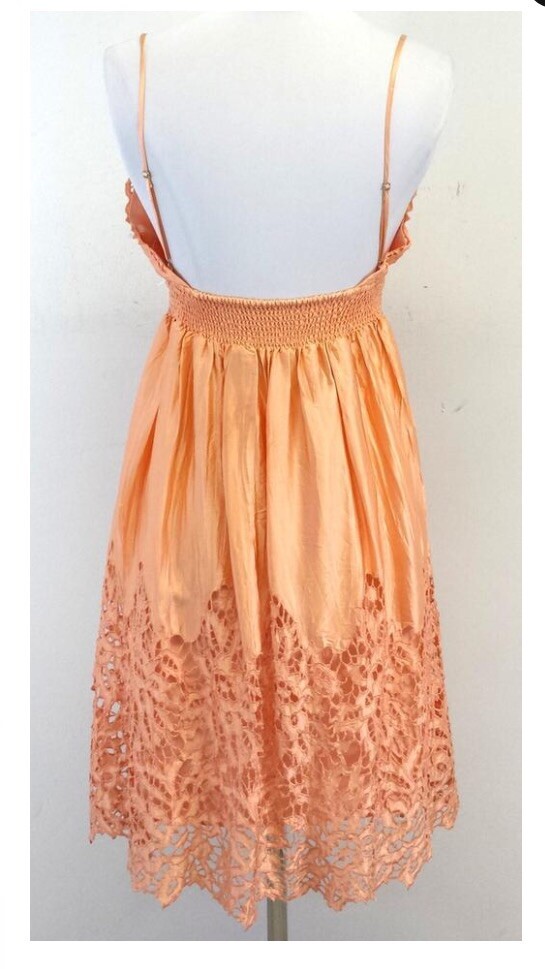 BCBG Max Azria Peach Silk Eyelet Lace Spaghetti Strap Dress Gathered Waist  Sz S | eBay