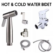 Cold & Hot Water Toilet Bidet Sprayer 4-Ways Mixer 7/8" T-Adapter Valve Hose Set