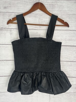 T.C.E.C. Black Faux Leather Smocked Peplum Top W/straps And Ruffle Sz L EUC