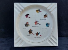 Vintage Hyalyn Ceramic # 615 "Fly Fishing Lures"  7.25" Square Porcelain Ashtray