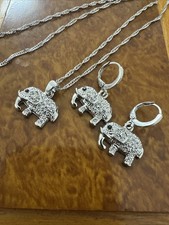 Vintage 925 Sterling Silver Necklace with Elephant Pendant & Earrings Set
