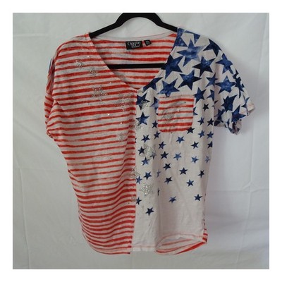 Onque Casual XL Patriotic Stars Stripes Rhinestone V-Neck T-Shirt Top Americana