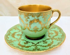 Antique Royal Doulton Seafoam Green Demitasse Cup & Saucer Heavy Gold 1902-1922