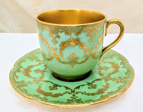 Antique Royal Doulton Seafoam Green Demitasse Cup Saucer Heavy Gold Early 1900s
