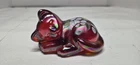 Fenton Glass Sleeping Cat Kitten Red Iridescent Hand Painted Flowers Signed
