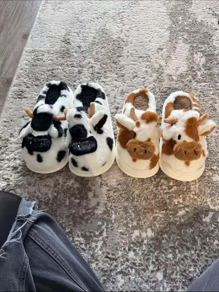 Zapatillas Esponjosas Negras Informales Mujer Casa Lindas Dibujos Animados Vaca Diseñador Zapatos Foto 3 de 4