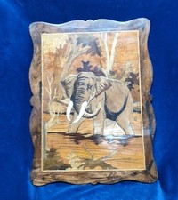 G713/ Sehr schöne Intarsienarbeit Intarsien Holz Bild Elefant 60 x 44 cm