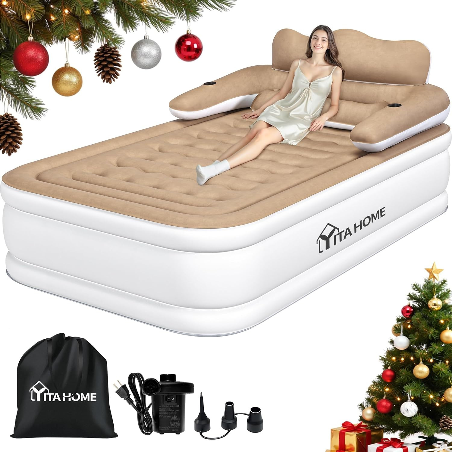 Fullxl Size Air Mattress with Headboard and Pump, 18In Blow up Mattress with Car