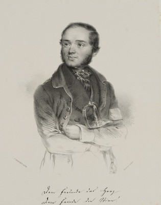 F. DEWEHRT (*1808), Dr. Obermayer mit Säbel, um 1840, Lith. Biedermeier Porträt