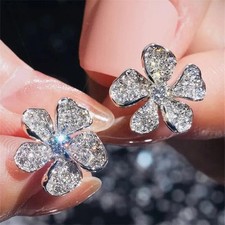 Flower Stud Earrings Moissanite 2 Ct Womens Round Cut 14K White Gold Plated