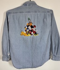VTG Disney Store Embroidered Denim Long Sleeve Button Up Pocket Shirt Men's L