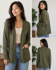 Eddie Bauer Green Solid Knit V-Neck Open Front Pocket Cardigan Sweater S