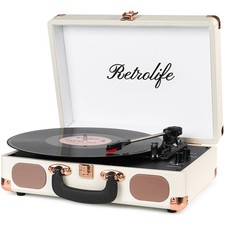 Turntable Vinyl Record Player 3-Speed Suitcase Portable Belt-Driven White