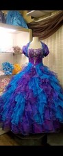 Girls Blue Purple Tulle Ball Gown Long Ruffle Beaded Layered Dress Formal Party