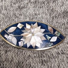 VTG Mexican Alpaca Silver Barrette Abalone Inlay Enamel Hair Clip Art 80s Blue