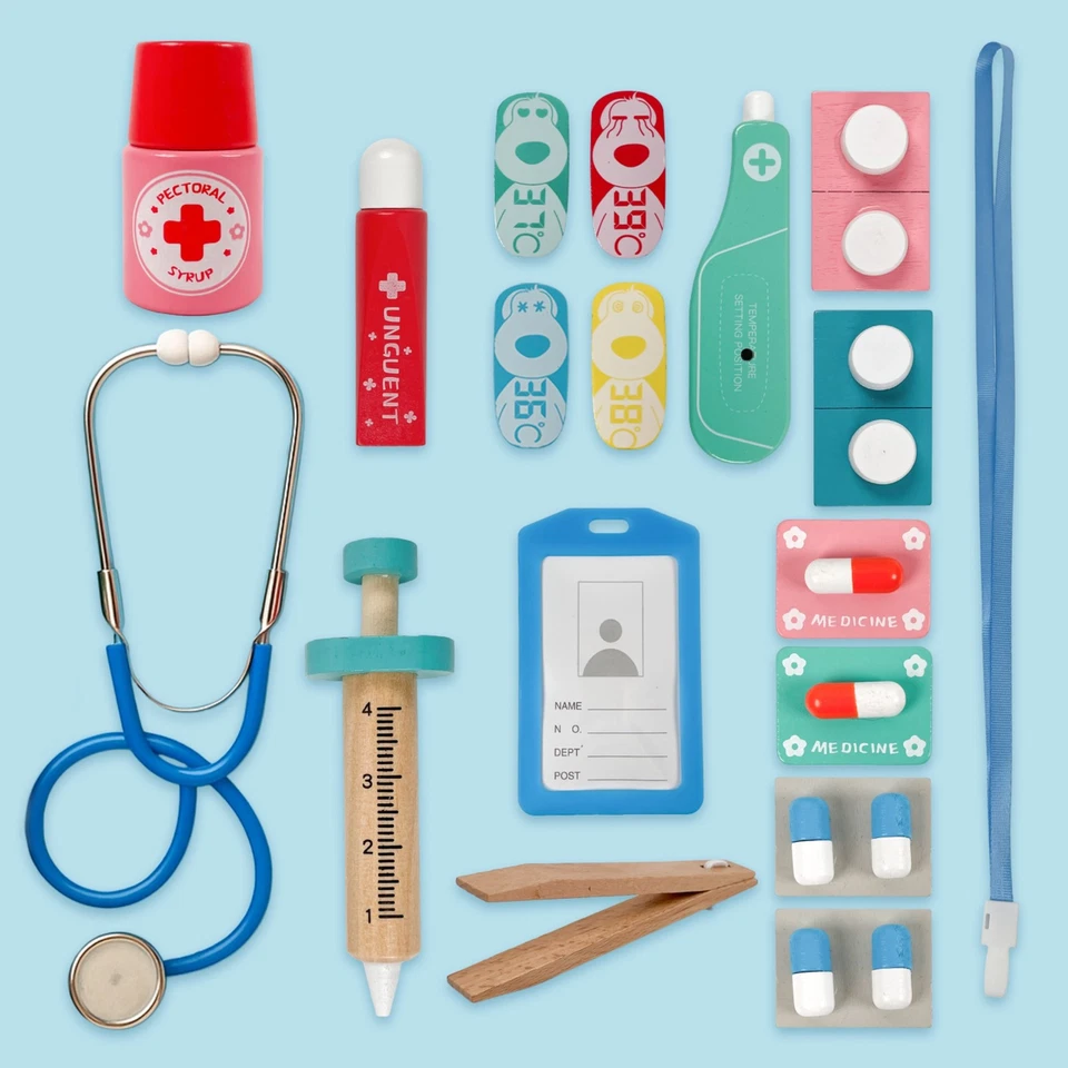 Kleiner Arztkoffer aus Holz – 20-teiliges Arzt-Spielset mit Magneteffekten für K - Bild 2 von 4