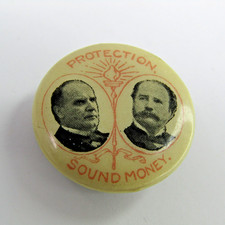 William McKinley Garret Hobart Protection Sound Money Lapel Stud Celluloid 1896
