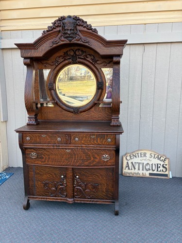 67417 Victorian Tiger Oak Sideboard with Figural Carvings and Mirror RELIABLE