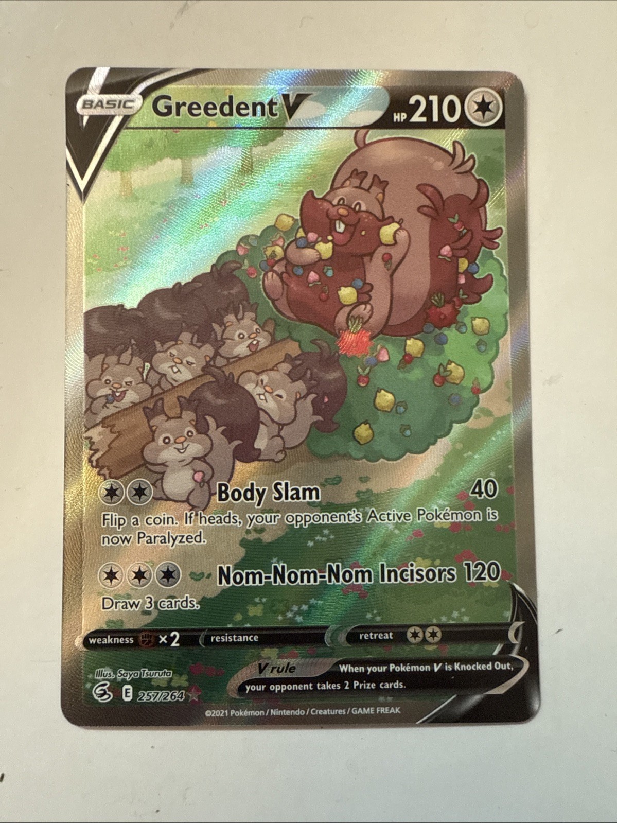 Pokémon TCG Greedent V Fusion Strike Holo Card 257/264 Full Art Ultra Rare NM