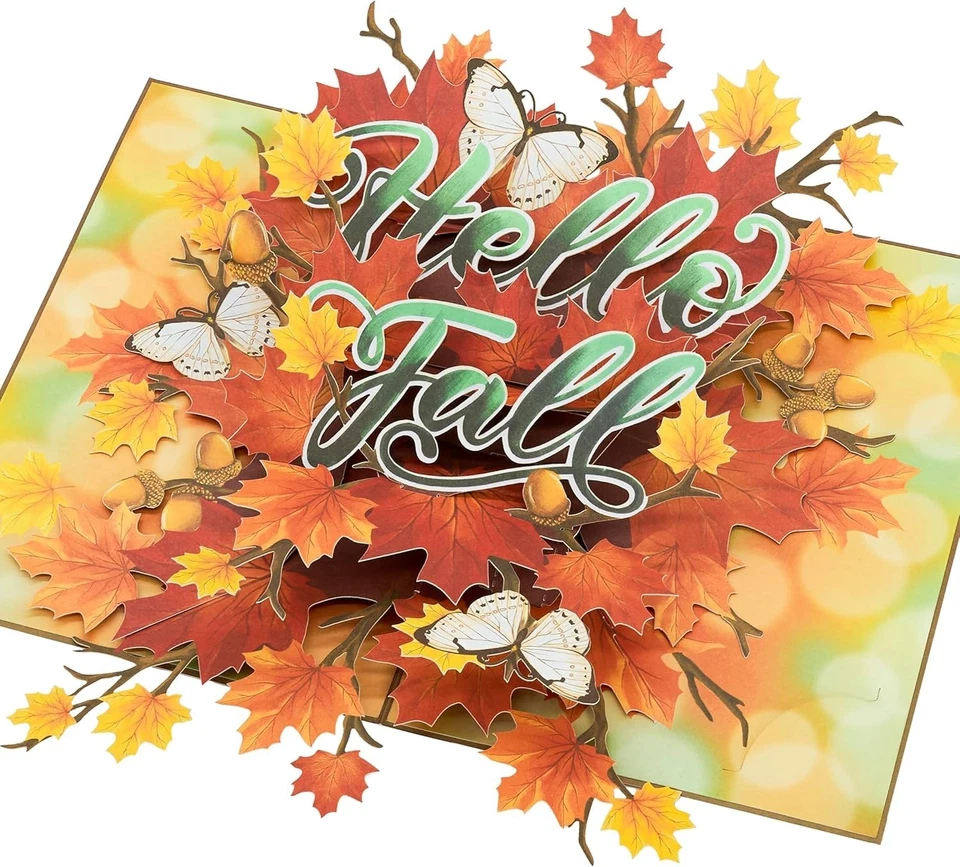 Tarjeta emergente de otoño 3D hojas de arce mariposas florales tarjeta de felicitación Foto 3 de 4