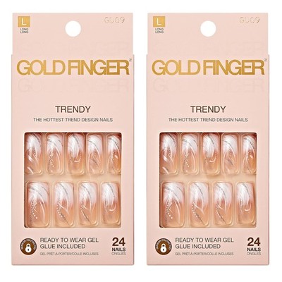 Gold Finger False Nails Gel Glam Design Full Cover Fake Nails, Long Length (2...