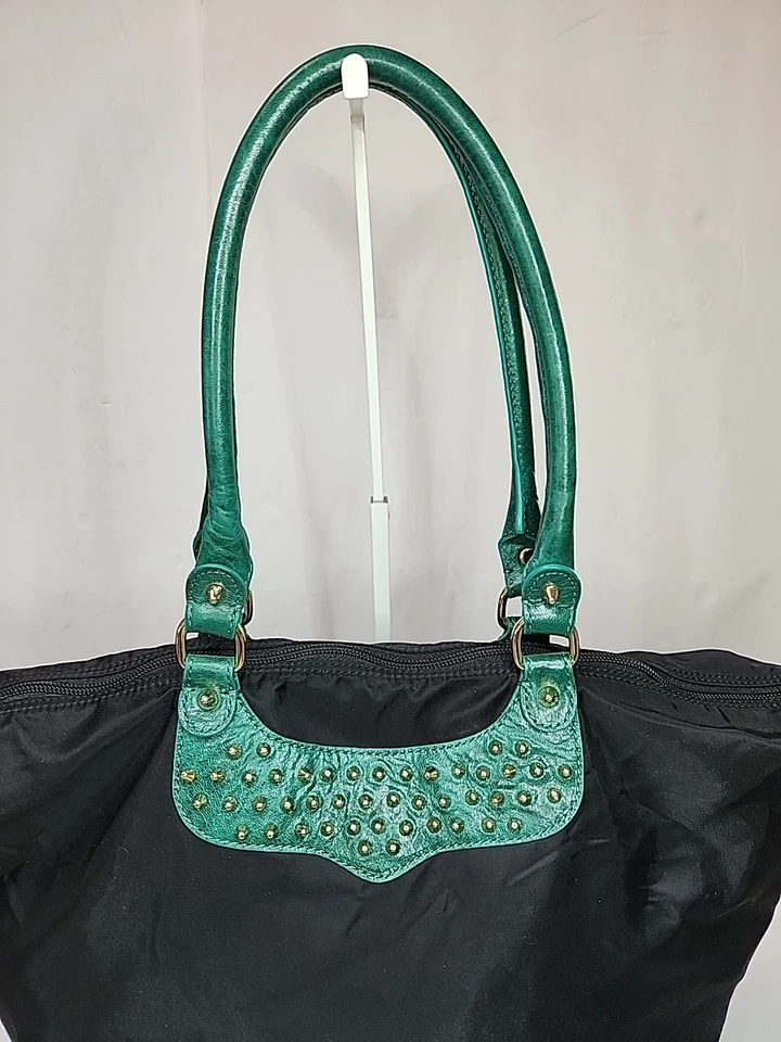 Bolso de Mano Rebecca Minkoff Nylon Cuero Grn Negro Lado Suave Tachonado Doble Asa Foto 2 de 4