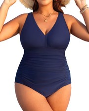Aqua Eve Plus Size V Neck One Piece Swimsuit Blue 16W Tummy Control