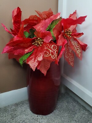 Vintage Spun 12'' Bamboo Red Lacquer Vase, Lerman Decor With Poinsettias