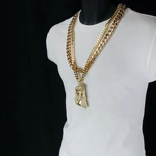 Gold Plated Jesus Piece Pendant Cubic-Zirconia Two 30" Cuban Chain