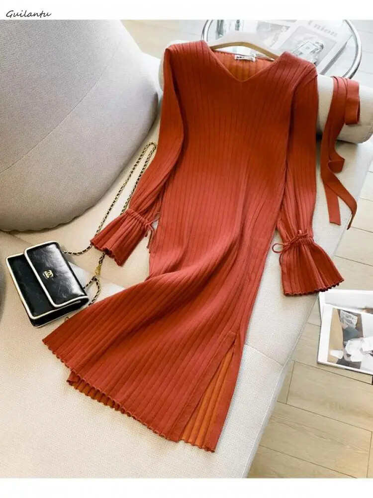 Bandage Knitted Dresses Women V Neck Long Sleeve Casual Knit Ladies Dress |  eBay