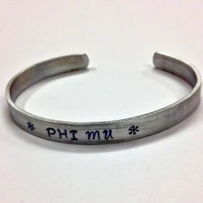 Phi Mu, FREE SHIPPING, Sorority Greek handstamped cuff bracelet, Ann Peden