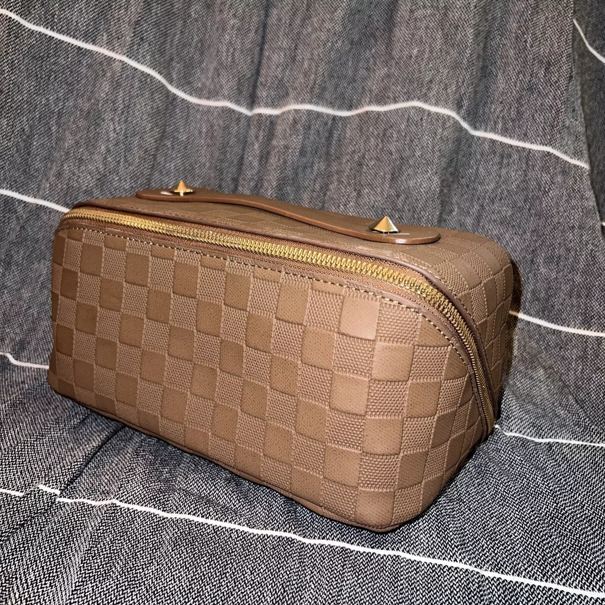 Luxury Checkered Bag with Inner Pouch - PU Vegan Leather Monogram makeup  bag