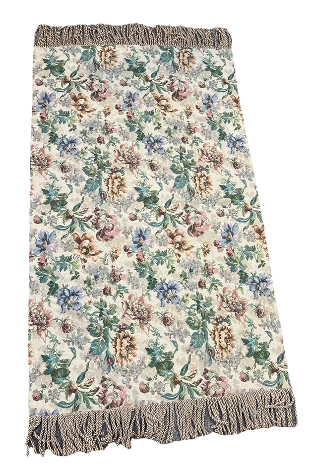 Vintage 90s Tapestry Table Runner Topper Cottage Floral Chunky Fringe 35 X 58 - Image 2 of 4