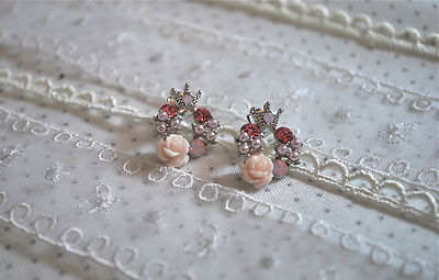 NEW Pastel Pink Rose Wreath Crown Top Cubic Stud Earrings Sterling Silver Post
