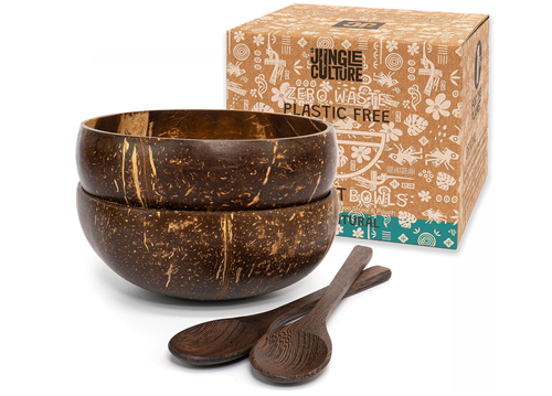 Jungle Culture® 2 Coconut Bowls and Spoons with Bamboo Straws • Eco Friendly Set