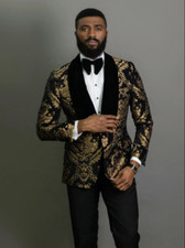 Jacquard Floral Suits for Men Wedding Black Gold Jacket Black Pant Prom 2 Pieces