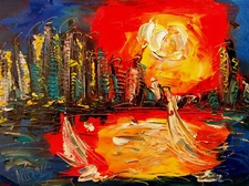 CITYSCAPE SUNNY DAY  ON BLUE MODERN    ARTTT