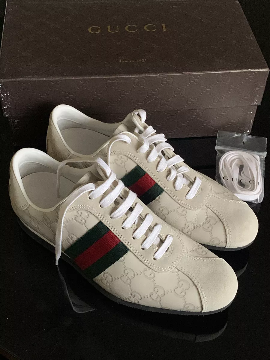 GUCCI Guccissima White Leather Suede Striped Sneakers 38G 38.5 VINTAGE |