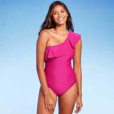 Kona Sol Women's Ruffle One Shoulder One Piece Swimsuit Pink Size Small 4-6