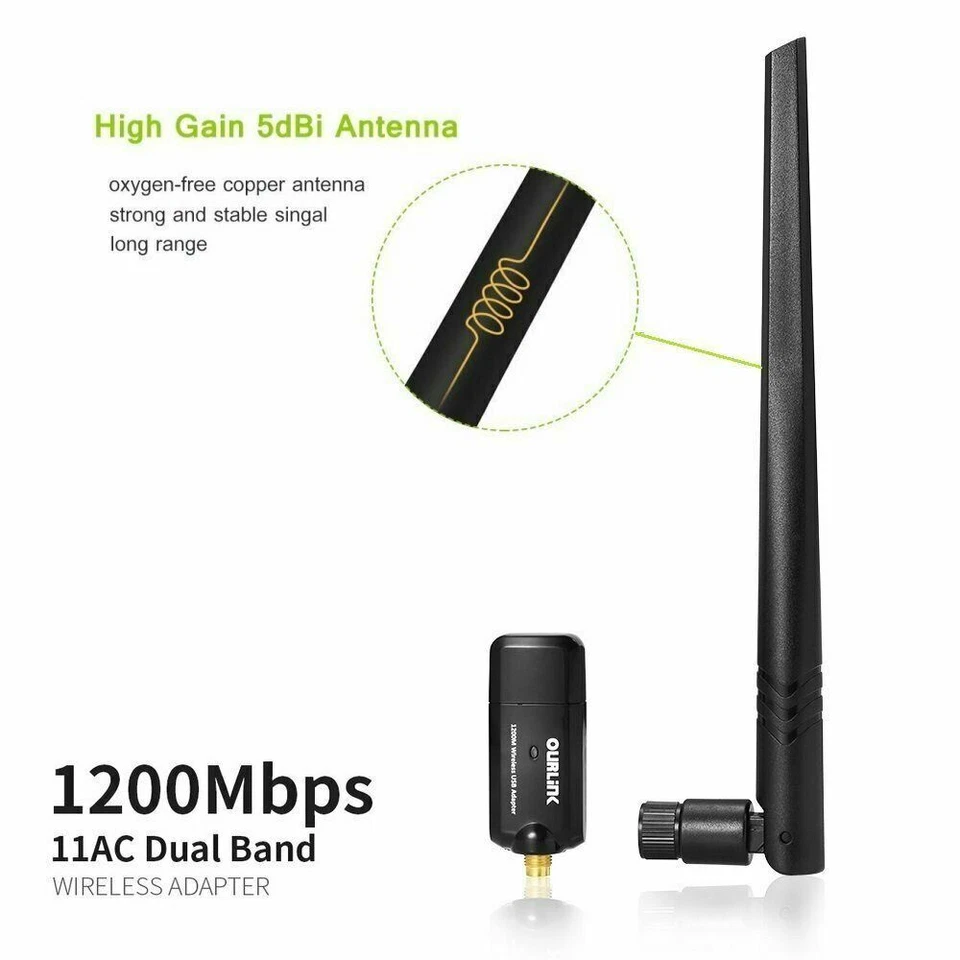 Dual Band 2.4/5Ghz 1200Mbps Wireless WiFi Network USB Adapter w/Antenna 802.11AC - Image 2 of 4