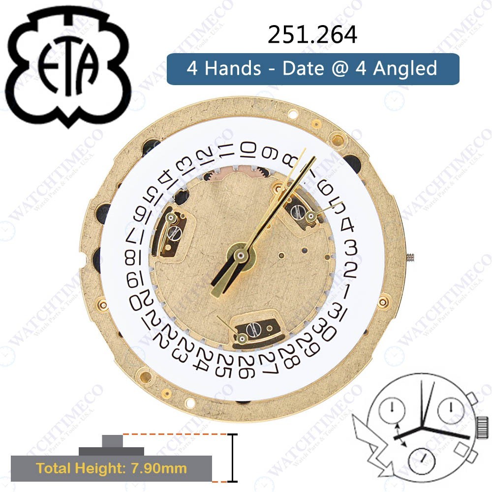 Genuine ETA 251.264 Watch Movement Swiss Date at 4 or 6 (Multiple