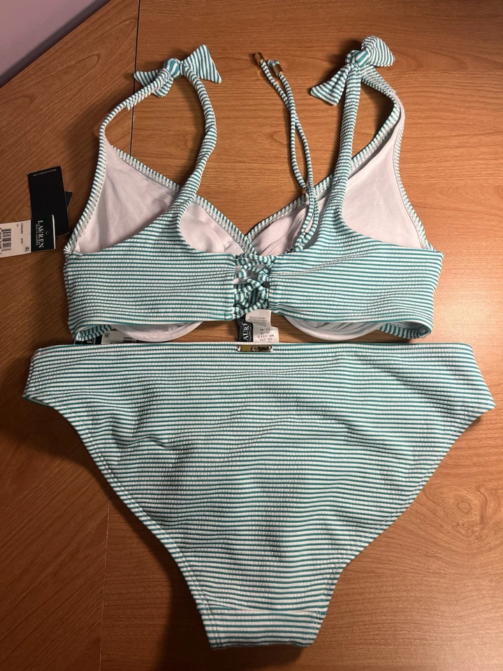 NWT Lauren Ralph Lauren Aqua Bikini Set Seersucker Pinstripe underwire Size 12 - Image 3 of 4