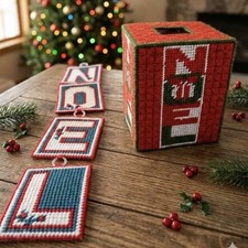 VTG Christmas Noel Plastic Canvas Tissue Box Cover Wall Hanging Decor Handmade