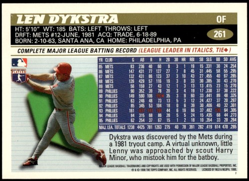 1996 Topps Baseball Len Dykstra #261 Philadelphia Phillies MLB - Picture 2 of 10