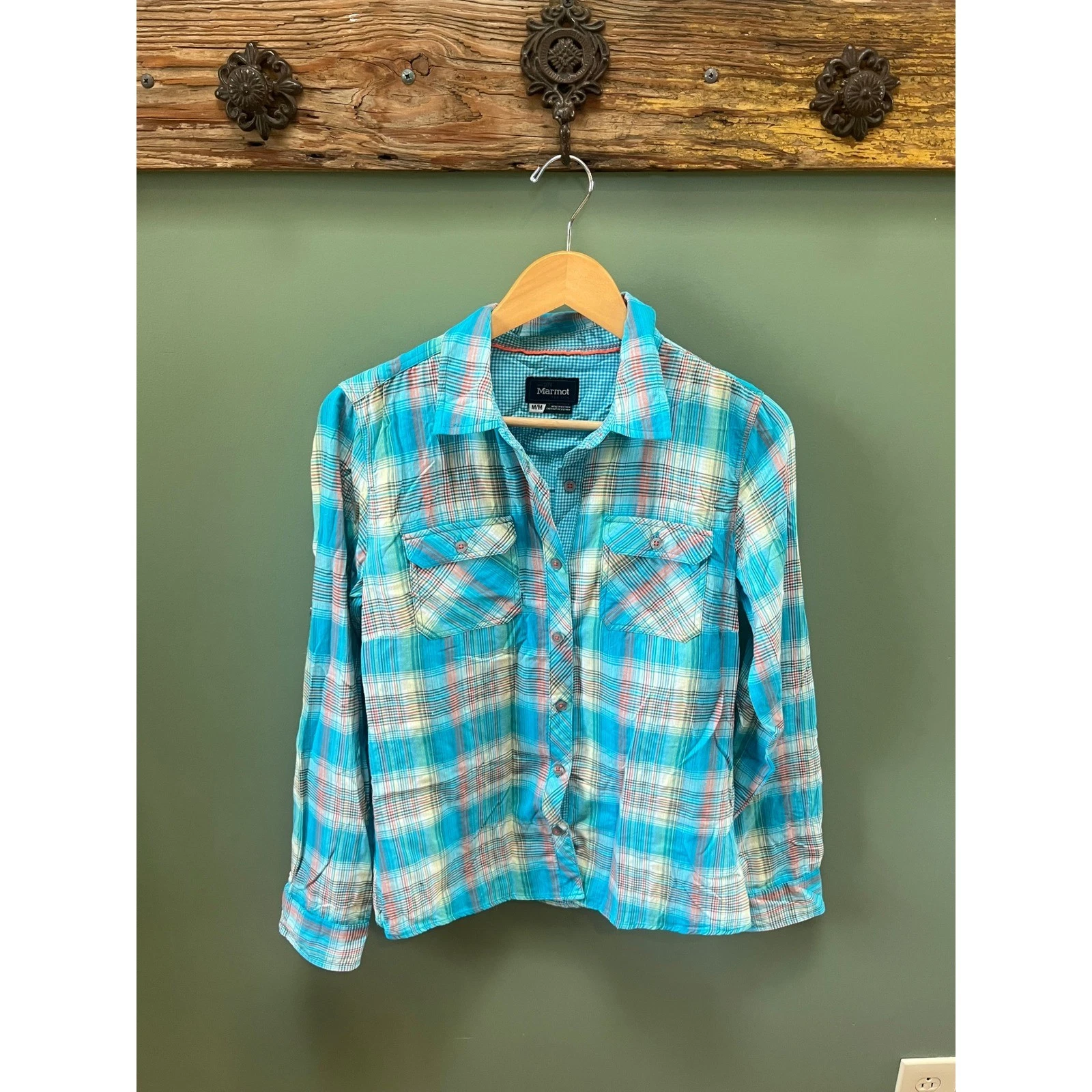 Marmot Womens Plaid Nylon Hiking Shirt Turquoise Blue Long Sleeve Size M