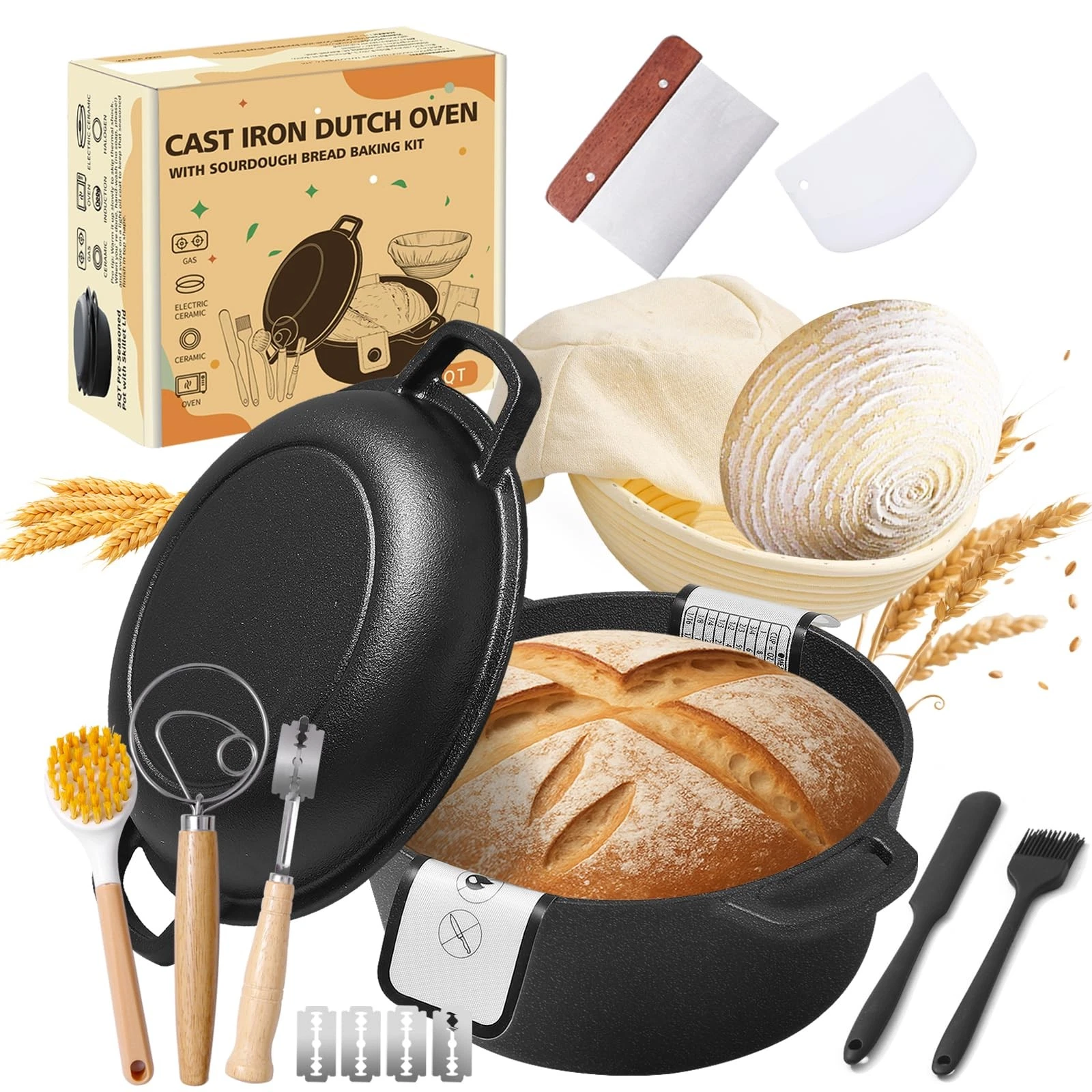 PreSeasoned Cast Iron Dutch Oven for Bread Baking incl. Sourdough BreadBakin...
