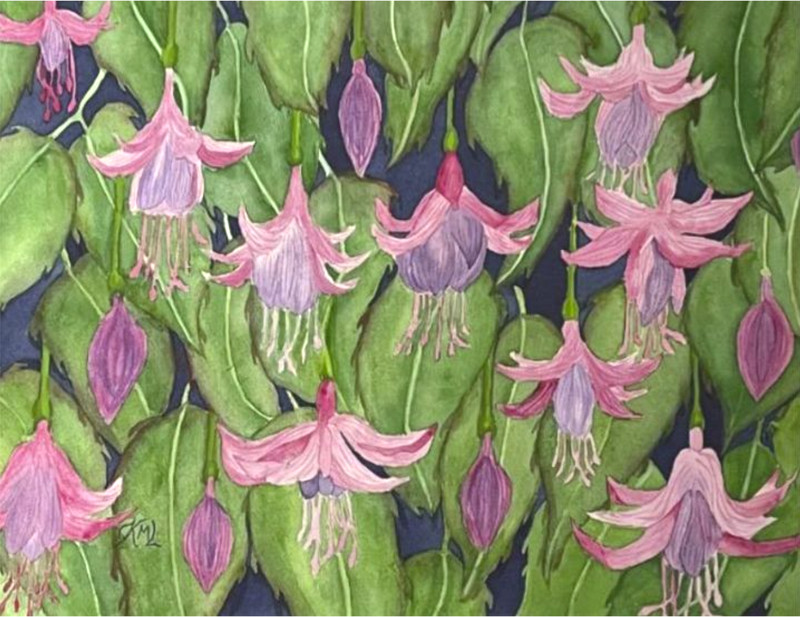 PAINTING WATERCOLOR 11X14 & DOUBLE MAT 16X20 FLOWER FUCHSIA PINK PURPLE ORIGINAL