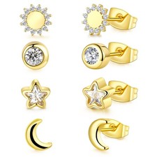 4 Pairs Gold Star Moon Sun Stud Earrings for Women, Hypoallergenic Celestial Ear
