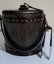 Wooden round leather handles carved lid 8" storage barrel round Firkin w/ Tongs
