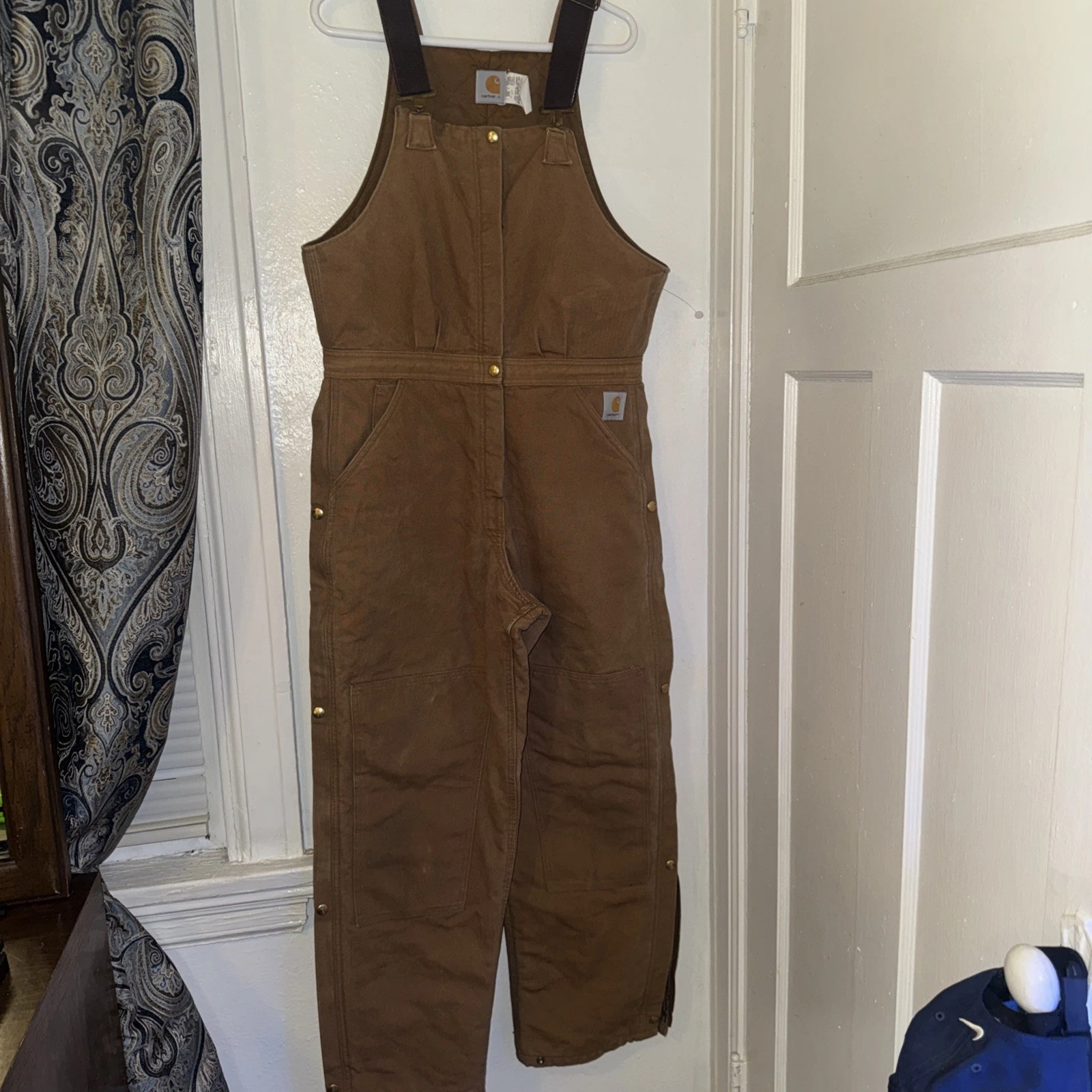 Vintage Carhartt Quilted brown Lined Bibs Overalls Women's sz 14 Regular USA